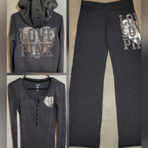 Victoria's Secret PINK Rare Vintage Y2K 3pc Bling Flared Sweats Heart Set XS-M - Picture 3 of 16